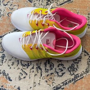 Nike White and Yellow Athletic Shoes with Pink Accents